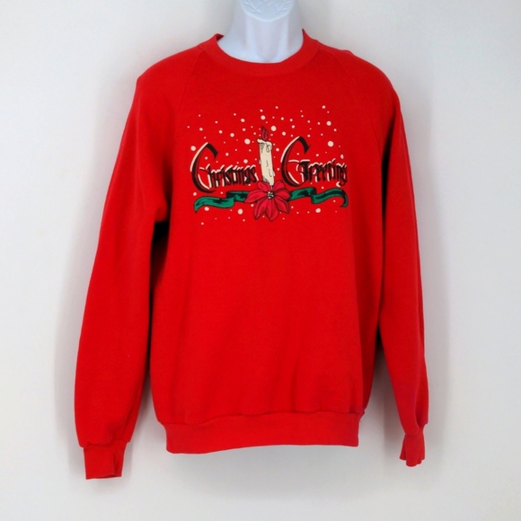 Jerzees Tops - Vintage Christmas Greetings Ugly XMas Holiday Red Sweatshirt Size XL 46
